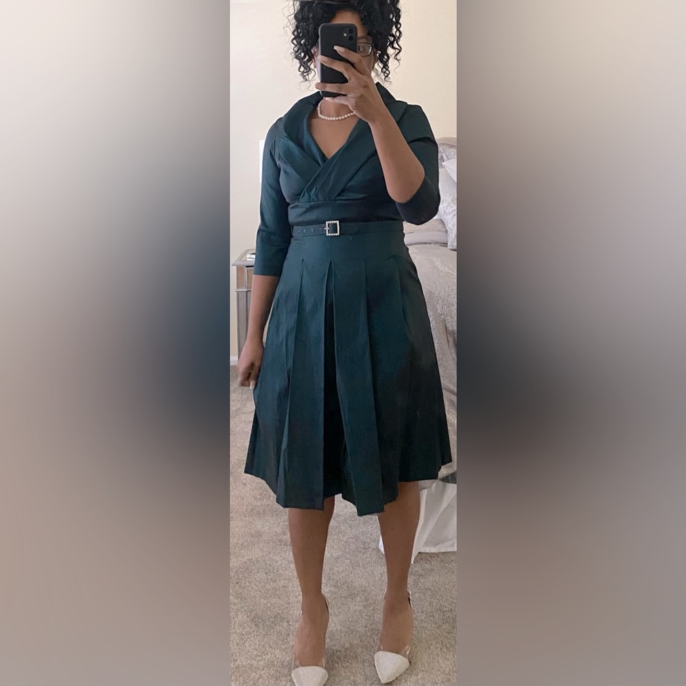 🍸 Belted Portrait Collar Stretch Taffeta A-Line Tea Length Cocktail Dress, 6